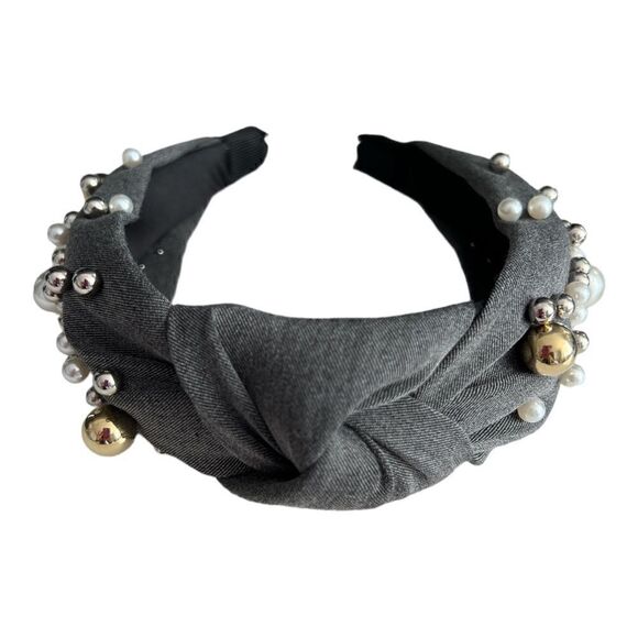Cloth Headbands Tie For Women Top Knot Headband With Faux Pearls Denim.